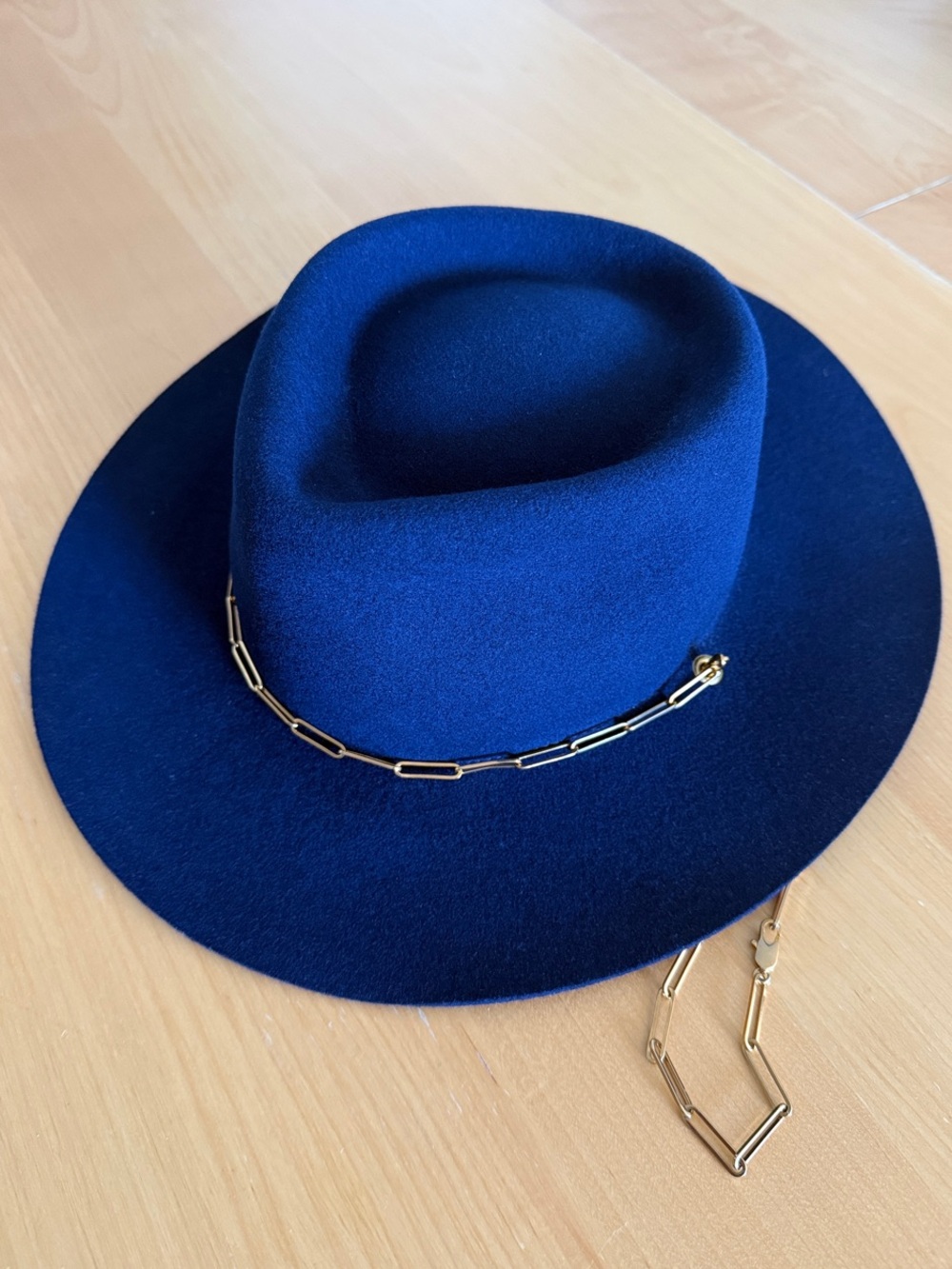 Van Palma Ulysses Navy Wool Fedora with Gold Chain
